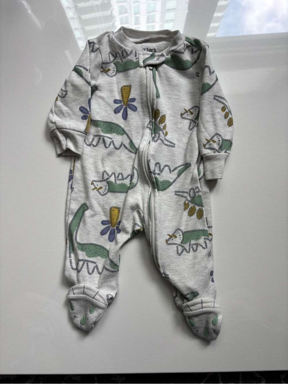 Carter's Light Gray Footed One-Piece with Green Dinosaur print 3 months